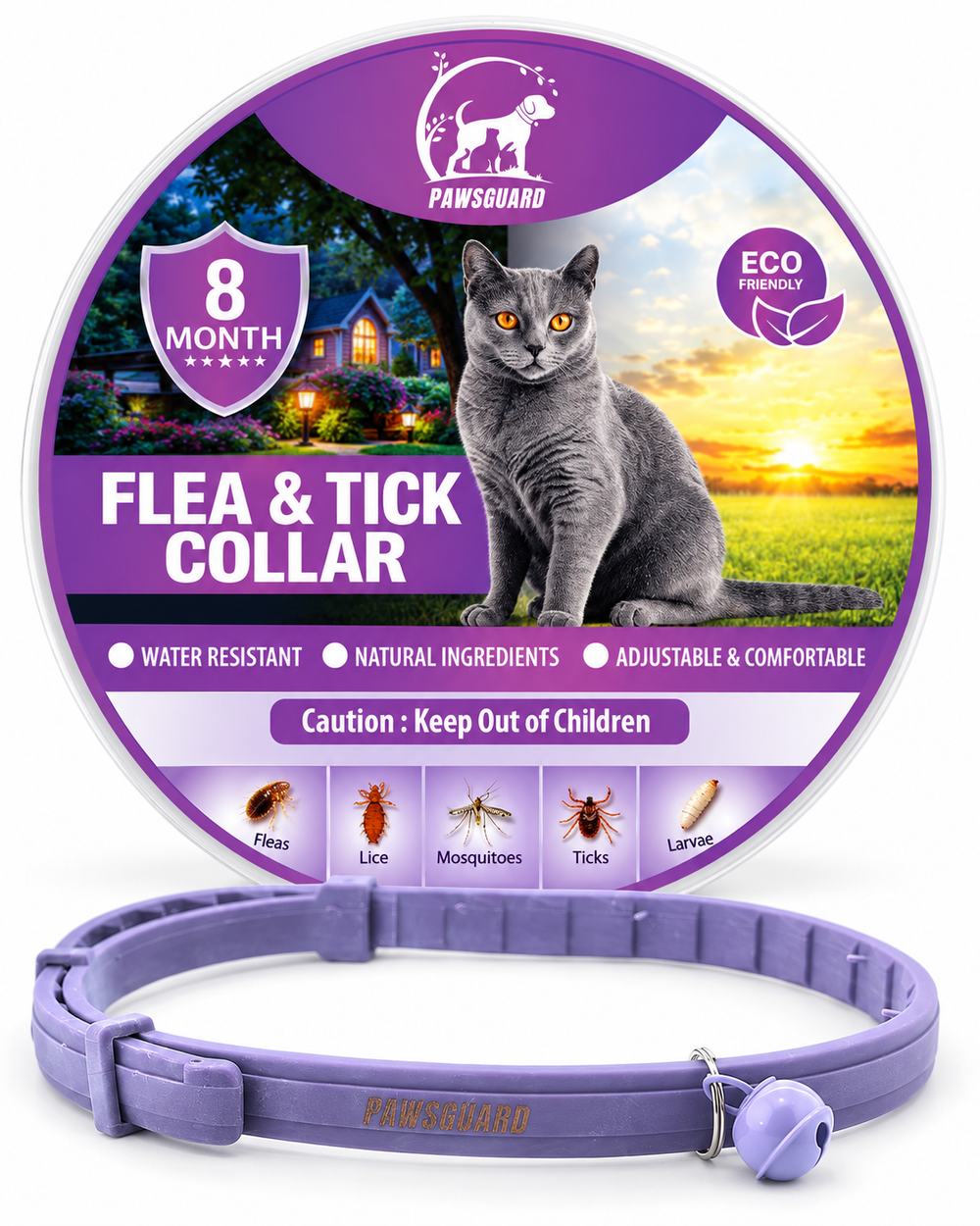 Pawsguard Flea Tick Collar for Cats – Adjustable, Water-Resistant, Natural Ingredients, Up to 8 Months (Single)