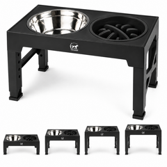 PawsGuard adjustable elevated dog feeder with stainless steel bowl and slow feeder bowl
