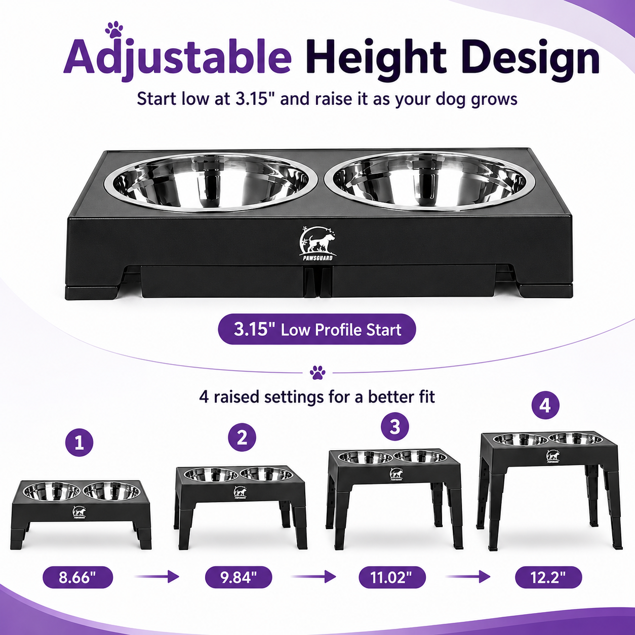 PawsGuard elevated dog feeder adjustable height settings