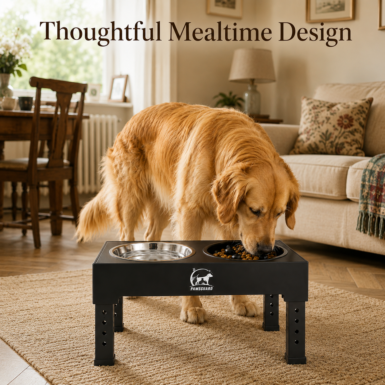 Golden retriever using PawsGuard adjustable elevated dog feeder at home