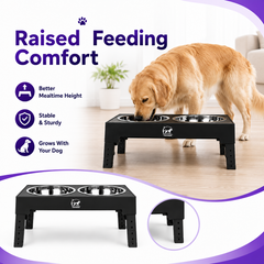 PawsGuard adjustable elevated dog feeder shown with a golden retriever
