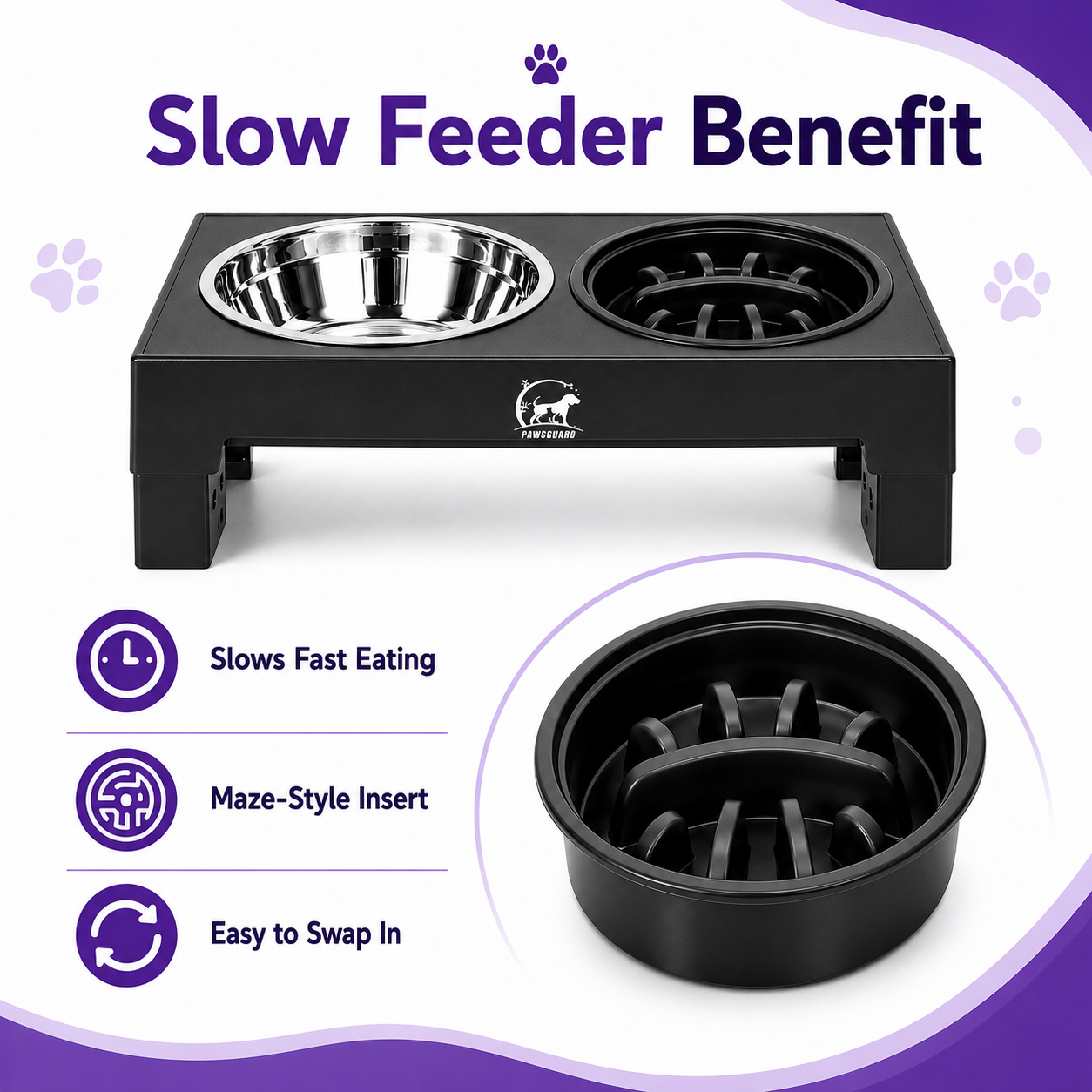 PawsGuard elevated dog feeder slow feeder bowl feature